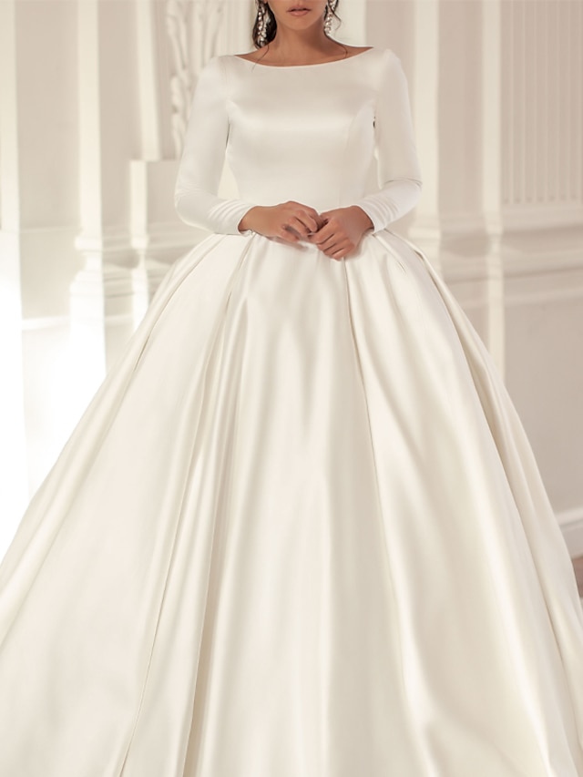 Engagement Formal Fall Wedding Dresses Open Back Ball Gown Scoop Neck Long Sleeve Chapel Train