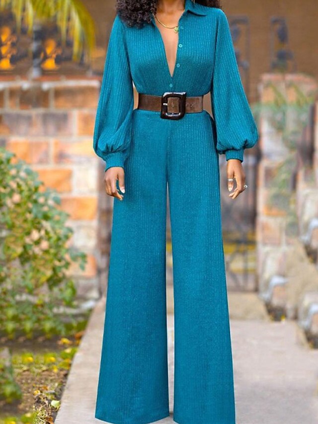 Damen Jumpsuit mit Schnürung Taste Feste Farbe Hemdkragen Geschäftlich