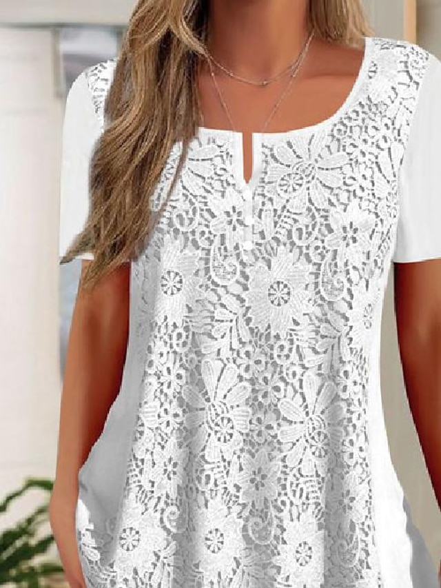 Women's Shirt Lace Shirt Blouse Plain Lace Casual Basic Short Sleeve V ...