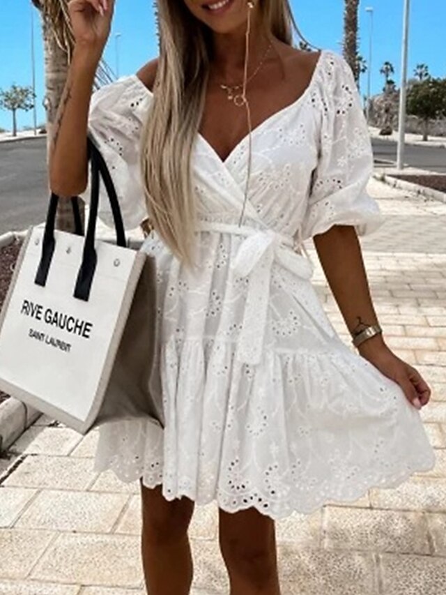 Women's Casual Dress Lace Dress Plain Dress Plain Lace up Lace V Neck