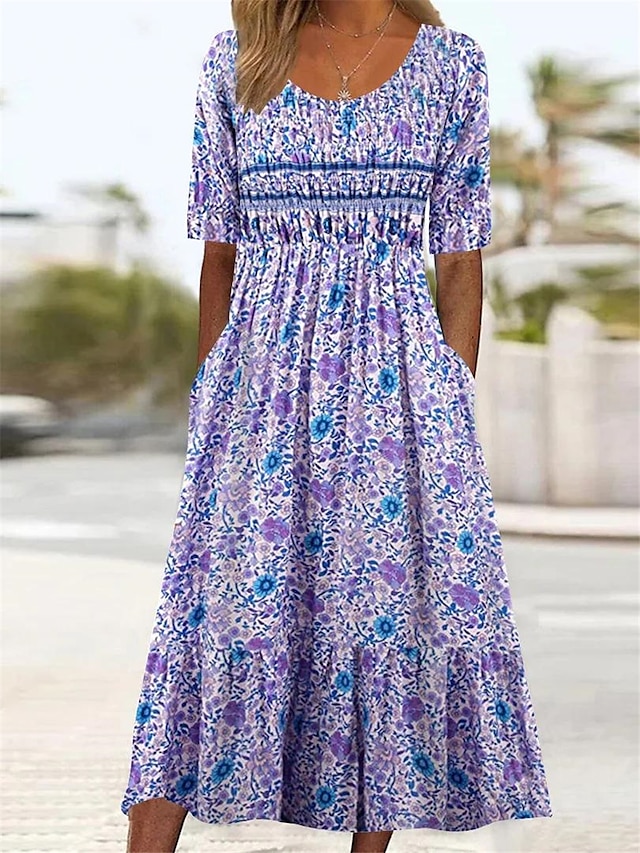 Women's Floral Dress Summer Dress Floral Print Ruched Crew Neck Midi ...