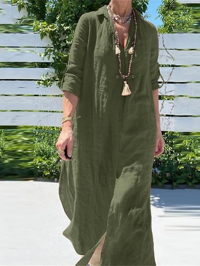 Women's Navy Blue Green khaki Summer Spring Fall Maxi long Dress Cotton Linen Dresses Shirt Dress Casual Dress Basic Casual Outdoor Daily Loose Fit Pure Color Shirt Collar 6