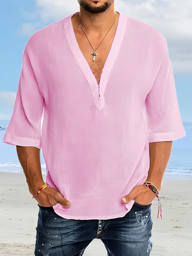  Herren Hemd Baumwoll-Leinenhemd Weißes Baumwollhemd Sommerhemd Freizeithemd Strandhemd Einfach Urlaub Lässig Weiß Rosa Blau Kurzarm V Ausschnitt Frühling & Sommer Bekleidung