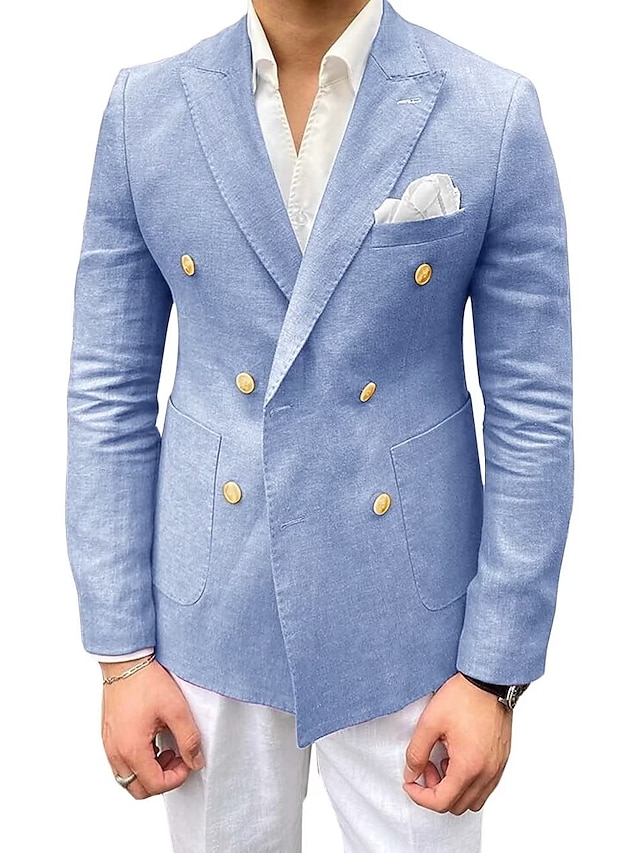  jachetă blazer de in pentru bărbați nuntă pe plajă ocazional croială culoare uni piept dublu șase nasturi negru roz kaki albastru închis albastru deschis 2024