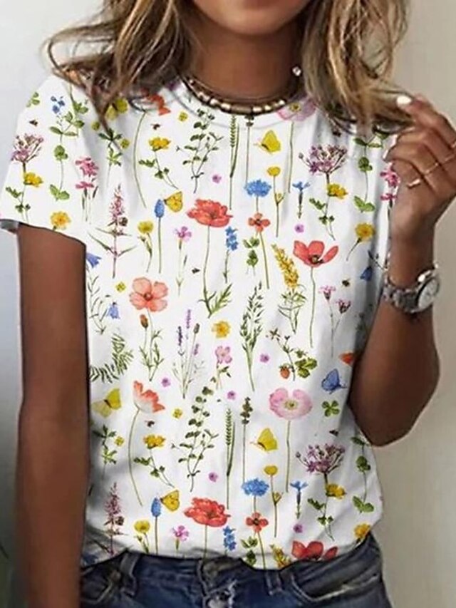 Women's T shirt Tee White Yellow Pink Floral Print Short Sleeve Holiday ...