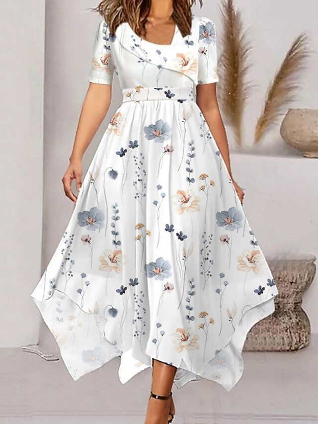 Women's Wedding Guest Dress Party Dress Swing Dress Midi Dress White Short Sleeve Floral Print