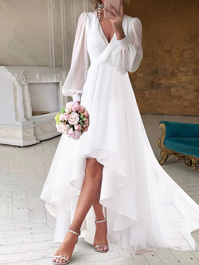  Bridal Shower Wedding Dresses Little White Dresses Simple A-Line V Neck Long Sleeve Asymmetrical Chiffon  Bridal Gowns With Solid Color Summer Wedding Party 2024