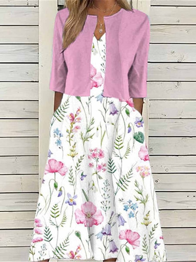  Mulheres Conjunto de vestido de duas peças Vestido casual Vestido estampado Ao ar livre Diário Elegante Moda Bolsos Imprimir Vestido midi Decote V Meia Manga Floral Normal Rosa Azul Verão Primavera S