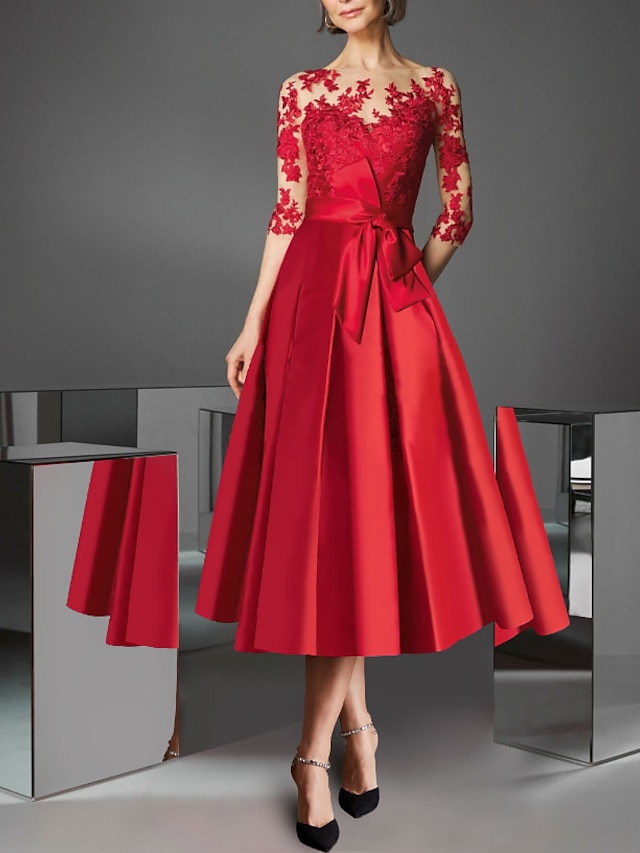  A-Line Cocktail Party Dress Floral Dress Kentucky Derby Tea Length 3/4 Length Sleeve Off Shoulder Fall Wedding Guest Satin with Pleats Appliques 2024