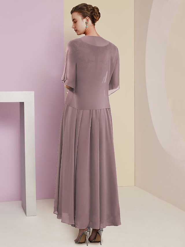 Two Piece A-Line Mother of the Bride Dress Formal Wedding Guest Elegant V Neck Asymmetrical Tea Length Chiffon Lace Short Sleeve Wrap Included with Pleats Appliques