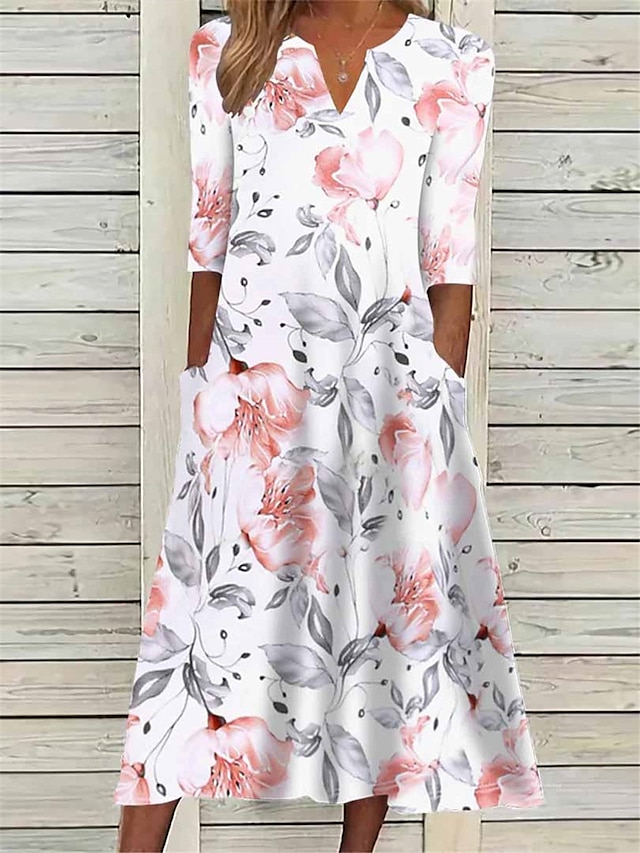  Women's Floral Ruched Pocket V Neck Midi Dress Daily Vacation 3/4 Length Sleeve Summer Spring