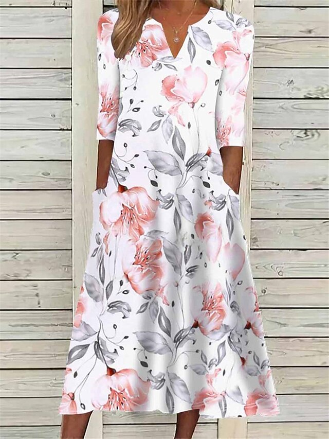 Women's Midi Dress Floral Ruched Pocket V Neck Daily Vacation 3/4 Length Sleeve Summer Spring4