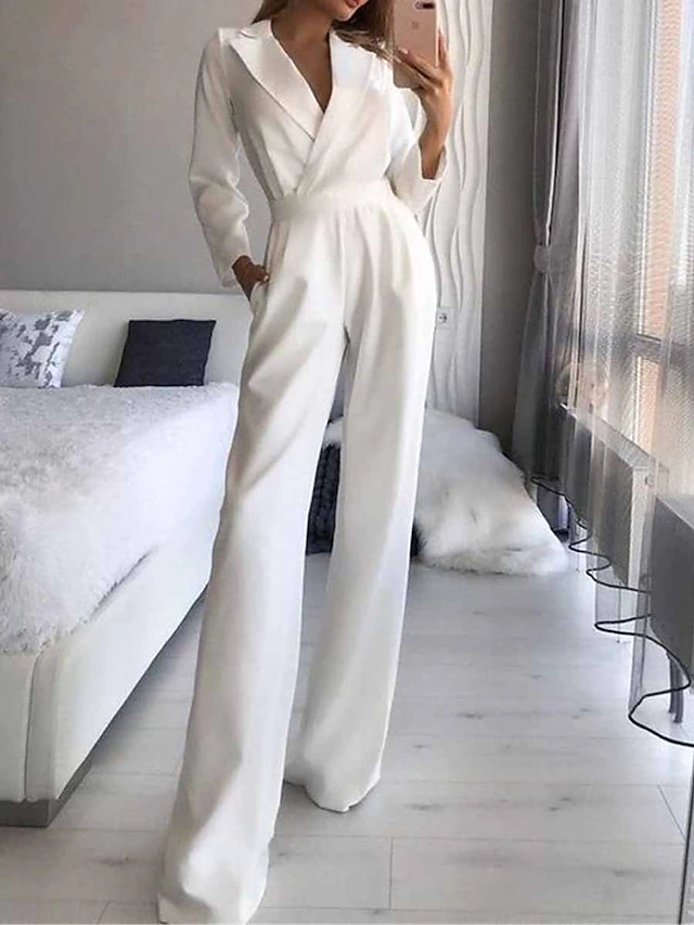 Women's Jumpsuit for Special Occasions Pocket High Waist Solid Color V Neck Streetwear Office Work Regular Fit Long Sleeve Black White Wine S M L Summer 8