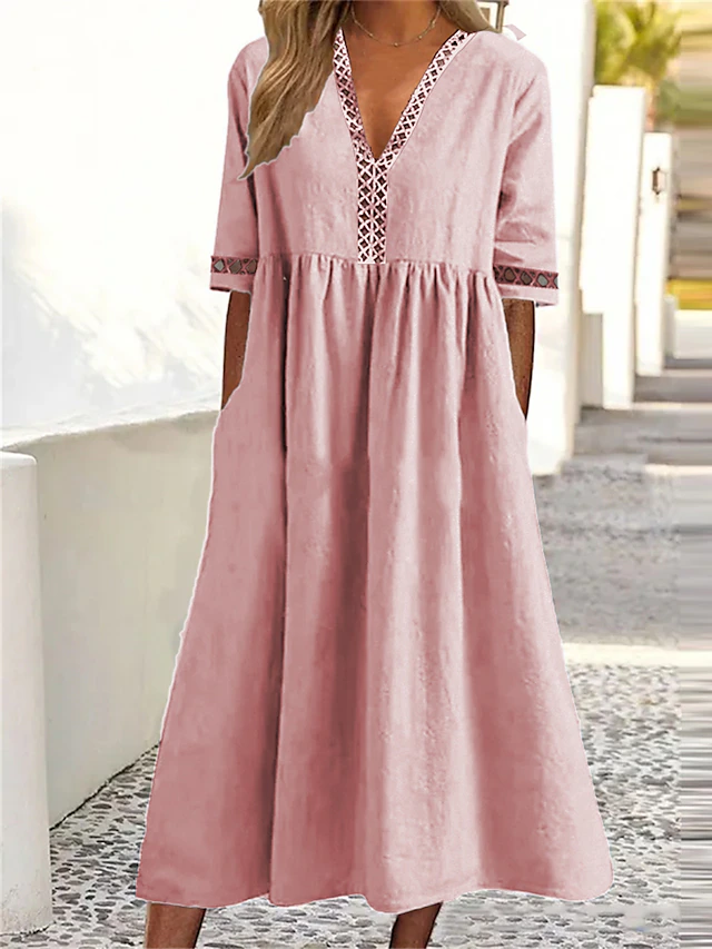 Women's White Yellow Pink Summer Spring Fall Midi Dress Cotton Linen Dresses Casual Dress Swing Dress Basic Classic Casual Outdoor Vacation Daily Loose Fit Plain V Neck 8