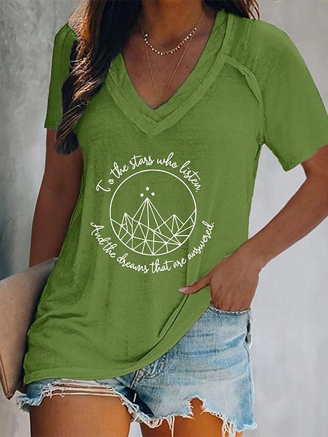  Women's T shirt Tee Green Grey Graphic Letter Print Short Sleeve Daily Weekend Basic V Neck Regular Painting S