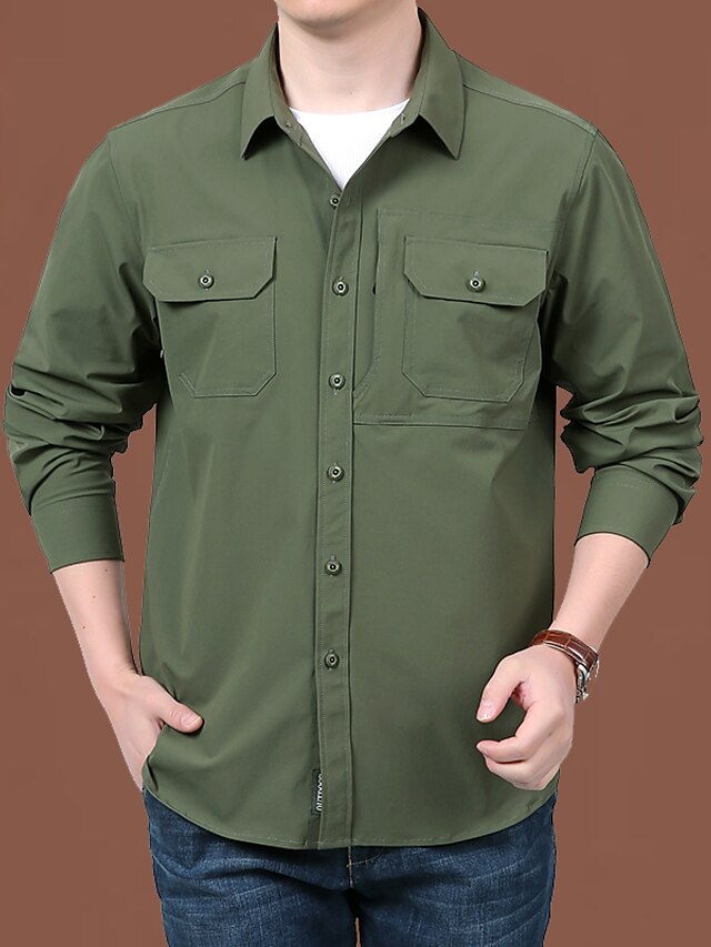  Male Cargo Shirt Black khaki Army Green Beige Long Sleeve Solid / Plain Color Lapel Going out Buckle Clothing Apparel Shirts