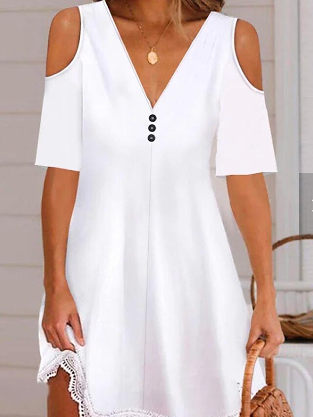 Women's Casual Dress Lace Dress White Dress Midi Dress Lace Patchwork