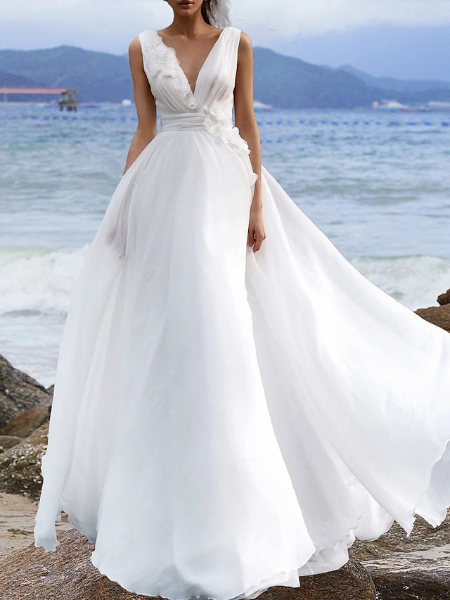 Beach Boho Wedding Dresses A-Line V Neck Sleeveless Court Train Chiffon ...