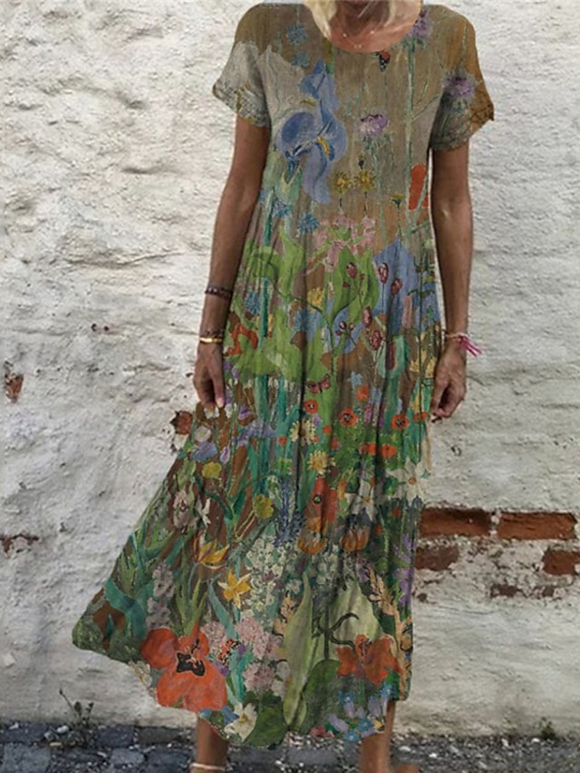  Γυναικεία Καθημερινό φόρεμα Φόρεμα ριχτό Μακρύ Φόρεμα Μάξι Φόρεμα Κρασί Θαλασσί Πράσινο του τριφυλλιού Κοντομάνικο Φλοράλ Στάμπα Καλοκαίρι Άνοιξη Στρογγυλή Ψηλή Λαιμόκοψη Βίντατζ
