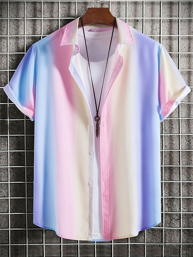  男性用 シャツ ボタンアップシャツ カジュアルシャツ サマーシャツ ピンク パープル 半袖 勾配 ラペル 日常 バケーション 衣類 ファッション カジュアル 快適