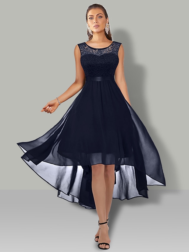  A-Linie Cocktailkleider Elegant Kleid kleid hochzeitsgast Partykleidung Asymmetrisch Ärmellos Schmuck Chiffon mit Plissee Spitzeneinsatz Pure Farbe 2024