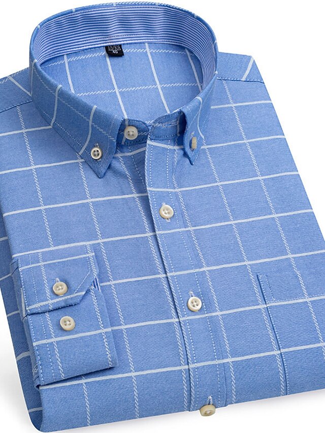 Men's Dress Shirt Light Yellow Denim Blue White Yellow Long Sleeve Stripes and Plaid Turndown
