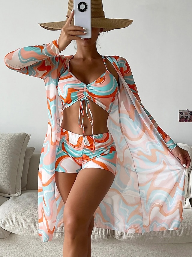  Damen Normal Badeanzug Bikinis Bademode 3 Teile Print Graphic Strandbekleidung Push-Up Hosen Badeanzüge