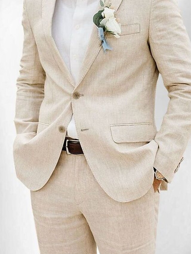 Men's Khaki Linen Suits Beach Wedding 2 Piece Summer Suits Solid