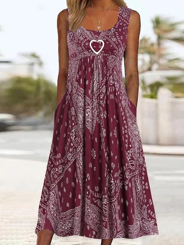  Γυναικεία Αμάνικο φόρεμα Λαχούρι Τσέπη Στάμπα Στρογγυλή Ψηλή Λαιμόκοψη Μίντι φόρεμα Βίντατζ Etnic Καθημερινά Ημερομηνία Αμάνικο Καλοκαίρι Άνοιξη
