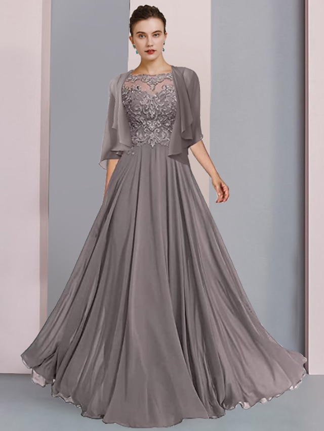  A-Line Mother of the Bride Dress Formal Wedding Guest Elegant Scoop Neck Floor Length Chiffon Lace Half Sleeve Wrap Included with Pleats Beading Appliques 2024