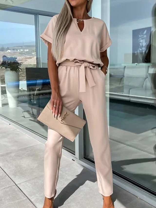 Women's Jumpsuits Casual Summer Lace up High Waist Solid Color Crew Neck Business Office Work Loose Fit Short Sleeve Black Pink Fuchsia S M L 22