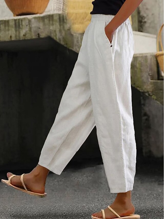Women's Cotton Linen Pants Baggy Pants Linen Like Solid Color Fashion Ankle-Length Plain Side Pockets Comfort Inelastic Casual Weekend White Regular Fit3
