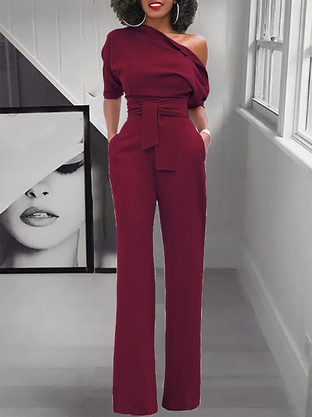  Women's Jumpsuit for Special Occasions Christmas Pocket High Waist Solid Color Cold Shoulder Business Office Work Party Xmas Regular Fit Half Sleeve Black White Yellow S M L Summer