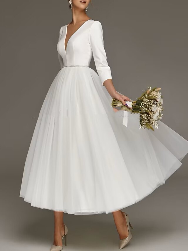 Reception Vintage 1940s / 1950s Little White Dress Bridal Shower Dresses Wedding Dresses A-Line V Neck 3/4 Length Sleeve Tea Length Satin Bridal Gowns With Solid Color4