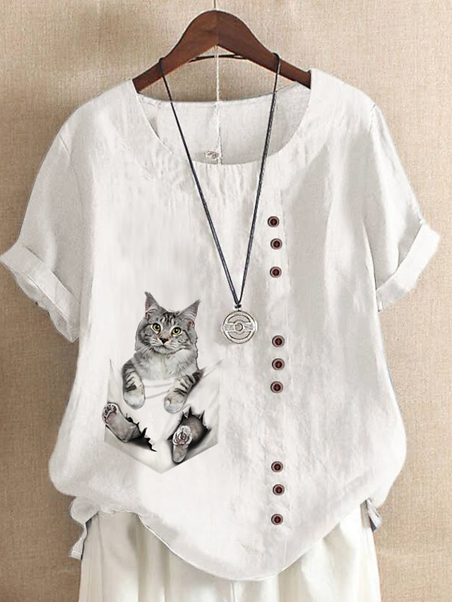 Women's Shirt Blouse Cat 3D Casual Button Print White Short Sleeve ...