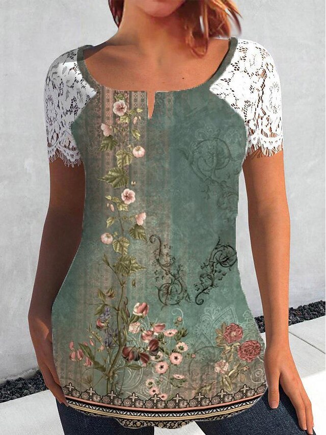 Women's Lace Shirt Shirt Blouse Floral Green Print Lace Short Sleeve ...