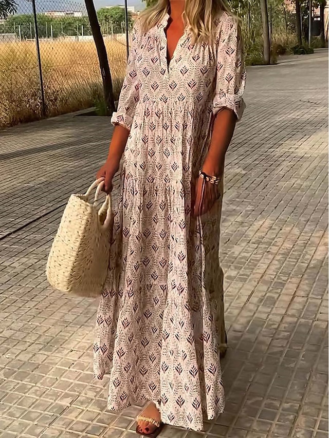  Women's Casual Dress Floral Geometric Print V Neck Maxi long Dress Casual Date Vacation 3/4 Length Sleeve Summer Spring