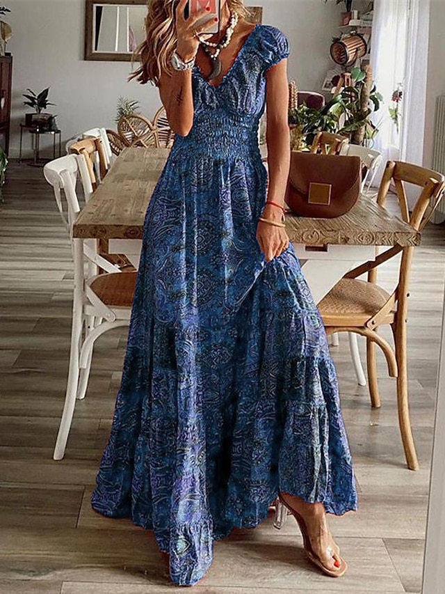  Women's Cotton Vintage Dress Casual Dress Graphic Ruched Print V Neck Maxi long Dress Vintage Bohemian Vacation Beach Short Sleeve Summer Spring