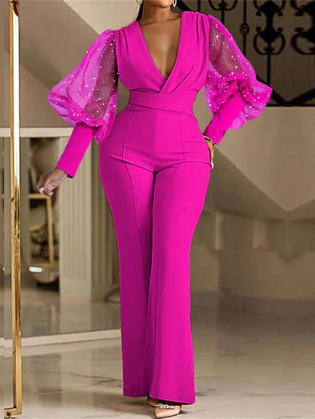 Women's Normal Jumpsuit Elegant Solid Color Long Sleeve V Neck High Waist Wedding Party Regular Fit Blue Fuchsia Green Spring 8
