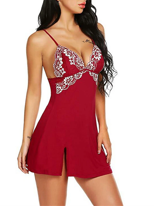 Women's Valentine Night Dress Sexy Lingerie Lace Dress Strap Dress Mini Dress Cozy Backless Solid Color Strap Home Lounge Black Red Summer Spring Home Outfits Date Night Outfit 7