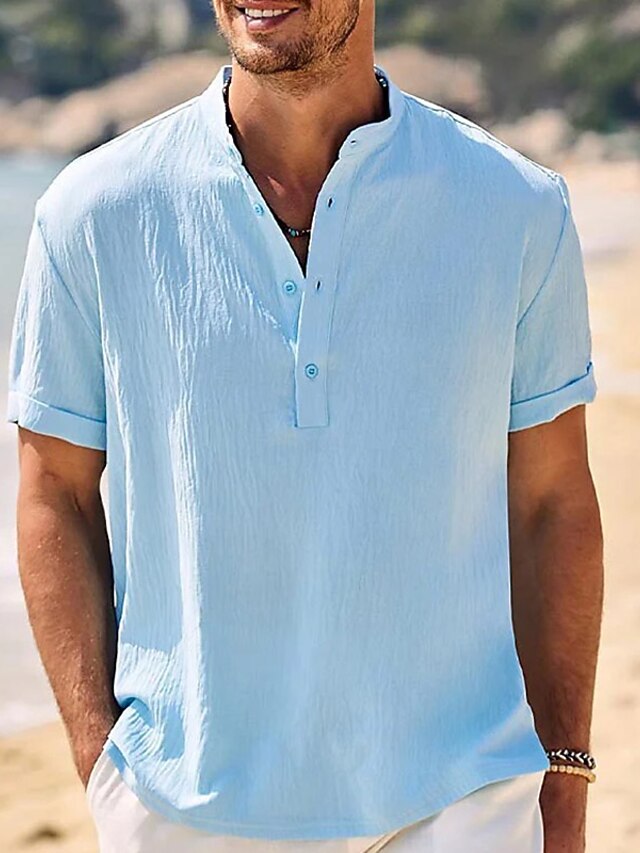 Men's Linen Shirt Shirt Summer Shirt Beach Shirt Blue Short Sleeve Plain Stand Collar Spring