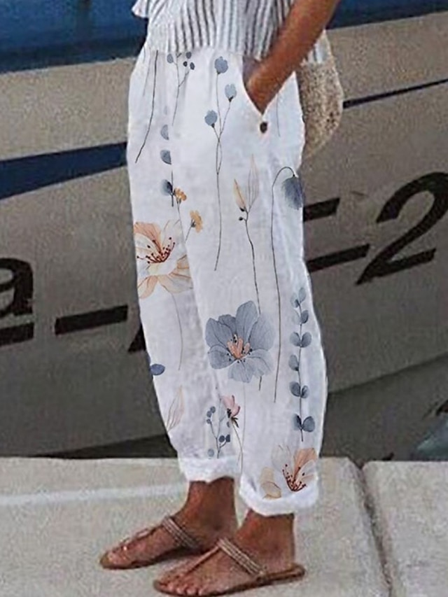  Γυναικεία Πλατύ Πόδι Φαρδύ παντελόνι Μείγμα Λινό / Βαμβάκι Πλαϊνές τσέπες Σακουλιασμένος Στάμπα Πλήρες μήκος Λευκό Καλοκαίρι