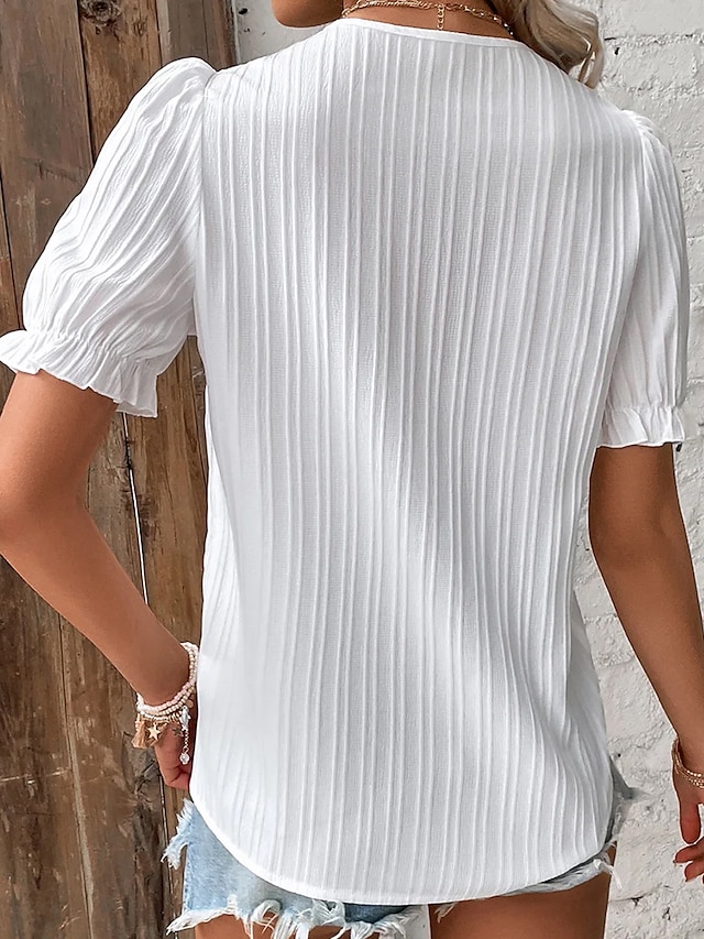  Women's White Elegant Lace Tops Eyelet Blouse Dressy Tops Solid Color Plain Regular Tops Short Sleeve Puff Sleeve V Neck  Regular Fit Casual Romantic Petite Tops Summer Holiday Wear White Sky Blue