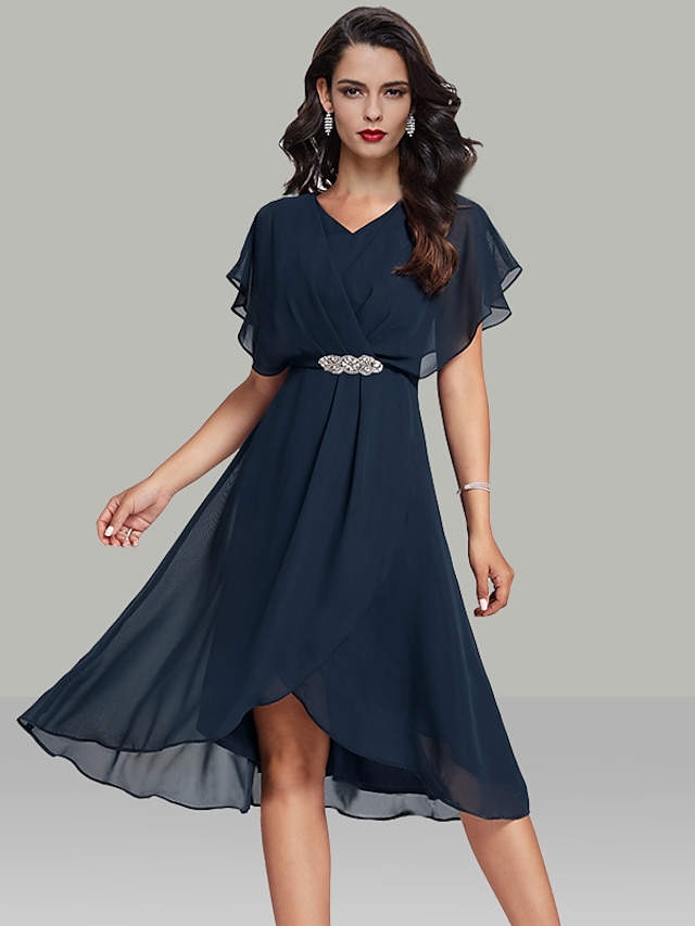  Ａライン ウェディングゲストドレス エレガント ドレス セミフォーマル セミロング丈 半袖 Ｖネック 帯・帯 シフォン ととも​​に ビーズ 2024年