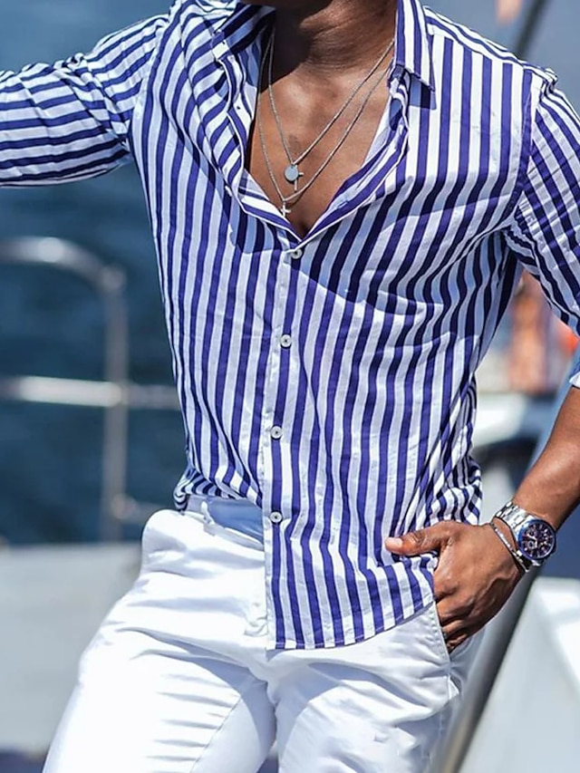  Per uomo Camicia Camicia estiva Camicia da spiaggia Nero Blu Verde Manica lunga A strisce Bavero Primavera estate Hawaiano Per eventi Abbigliamento Stampa