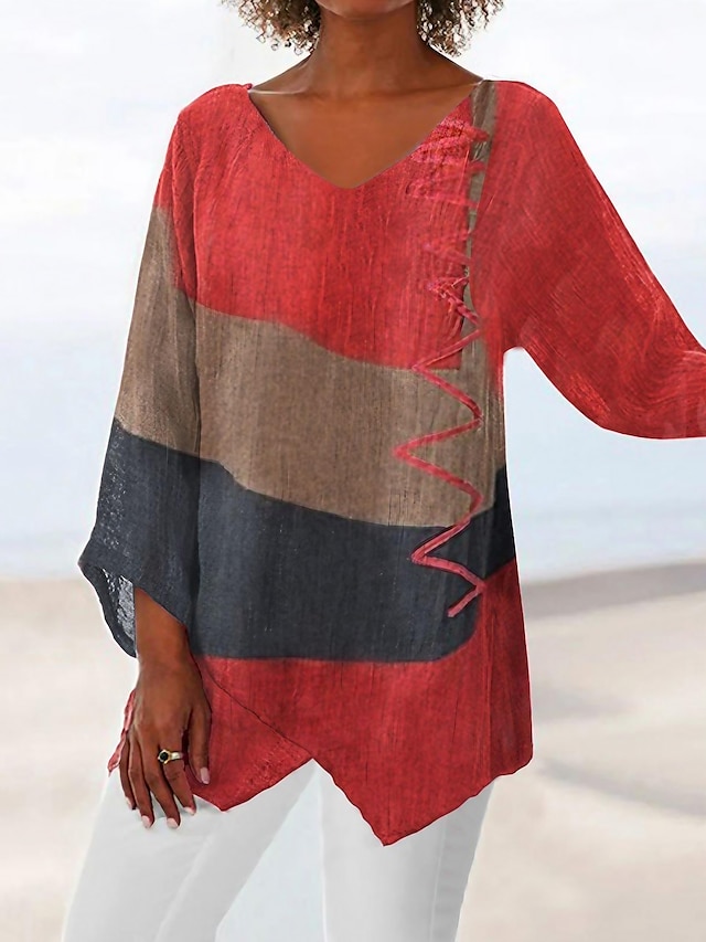  Women's Shirt Blouse Color Block Print Asymmetric Casual Basic Long Sleeve V Neck Red Spring Fall
