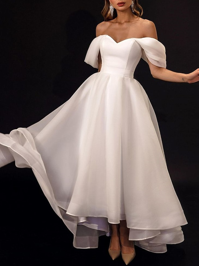  Reception Little White Dresses Wedding Dresses A-Line Off Shoulder Cap Sleeve Asymmetrical Organza Bridal Gowns With Solid Color 2024