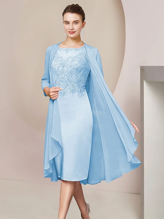 Sheath / Column Mother of the Bride Dress Formal Wedding Guest Party Elegant Scoop Neck Floor Length Chiffon Lace 3/4 Length Sleeve with Bow(s) Appliques