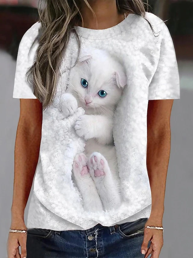 Women's T shirt Tee Cat 3D White Pink Blue Print Short Sleeve Daily ...