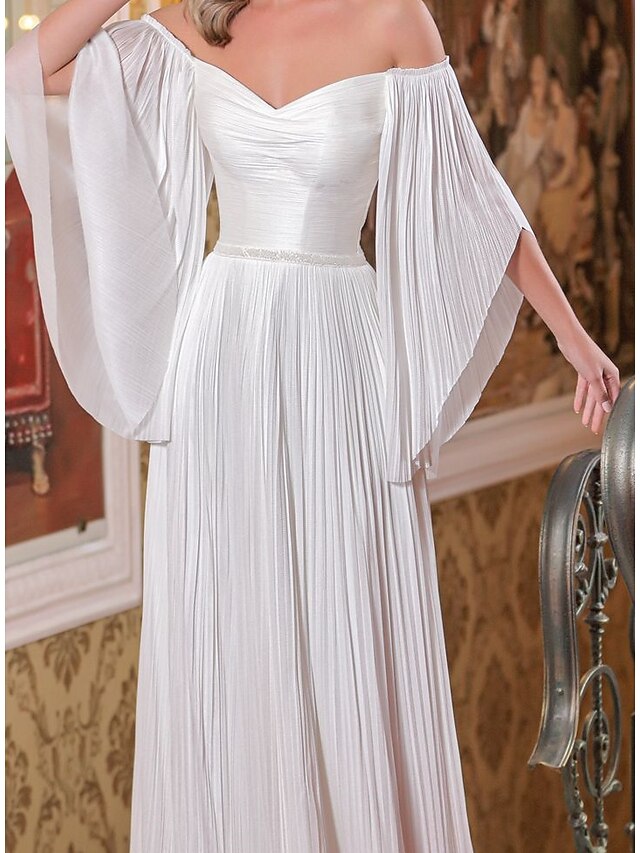 Casual Boho Wedding Dresses A-Line Boat Neck Long Sleeve Floor Length Chiffon Bridal Gowns With Embroidery Solid Color